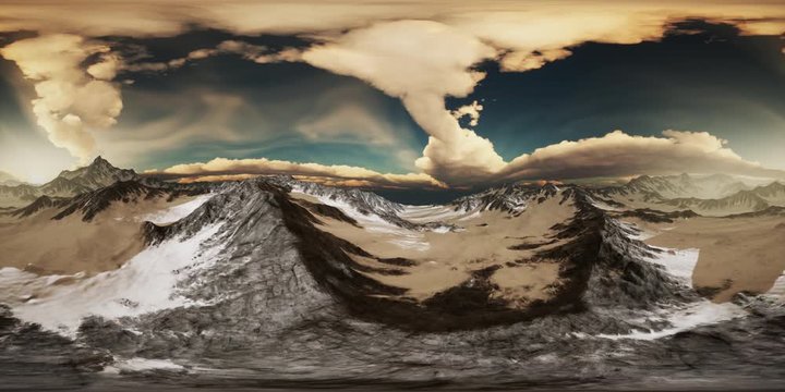 rays of sunset on the tops of the mountains on a sunny day. vr360 virtual reality