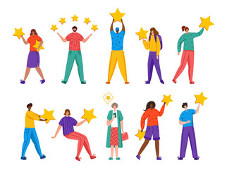 Fototapeta premium People with stars - Client feedback or review concept, online service evaluation, happy customers and their feedback, flat modern people and rating stars, smiles, likes, men and women, Vector