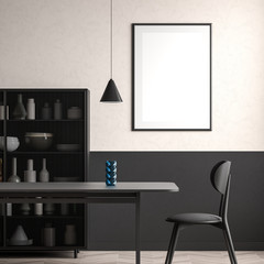 Mock up poster frame in dining room. Minimalist dining room design. 3D illustration