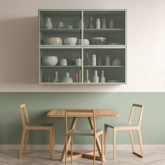 Minimalist dining room design with wooden table and chairs. 3D illustration