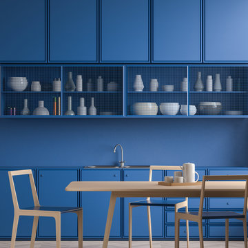 Modern spacious kitchen design. Minimalist kitchen design with blue cabinets. 3D illustration