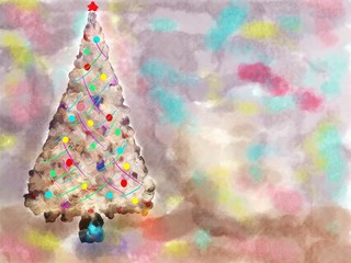 Colorful festive tree on watercolor background.