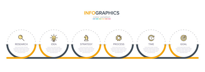 Concept of arrow business model with 6 successive steps. Six colorful graphic elements. Timeline design for brochure, presentation. Infographic design layout