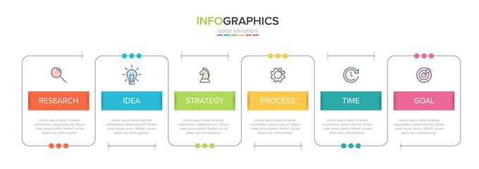 Concept of arrow business model with 6 successive steps. Six colorful graphic elements. Timeline design for brochure, presentation. Infographic design layout