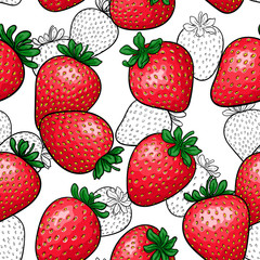 seamless pattern red strawberry with black and white outline strawberry background. design holiday greeting card and invitation of seasonal summer holidays, beach parties, tourism and travel