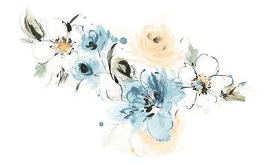 Flowers watercolor illustration.Manual composition.Big Set watercolor elements.