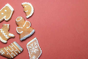 Cookies top view. Christmas homemade gingerbread, decorations and gifts. Merry Christmas greeting card, banner. Winter holiday xmas theme. Happy New Year. Space for text
