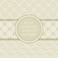 Compilation of seamless patterns. Oriental ethnic white prints on olive green background