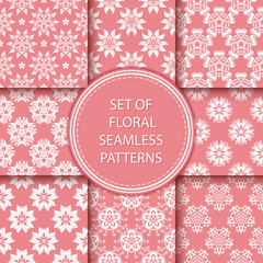 Compilation of floral patterns. White design with flowers on pale pink background
