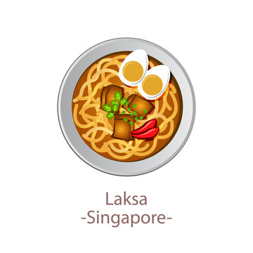 top view of popular food of ASEAN national,Laksa,in cartoon