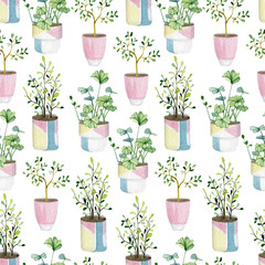 Warecolor seamless pattern with house plants in pots greenery collection for wrapping paper, wallpaper decor, textile fabric and background.