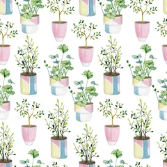 Fototapete Pflanzen in Töpfen Warecolor nahtloses Muster mit Zimmerpflanzen in der Grünkollektion der Töpfe für Packpapier, Tapetendekor, Textilgewebe und Hintergrund.