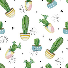 Warecolor seamless pattern with house plants in pots. Abstract cactus collection for wrapping paper, wallpaper decor, textile fabric and background.