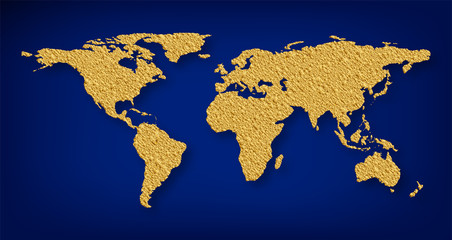 World map symbol concept illustration, gold planet geography icon made of golden glitter dust on dark blue background. EPS10 vector.