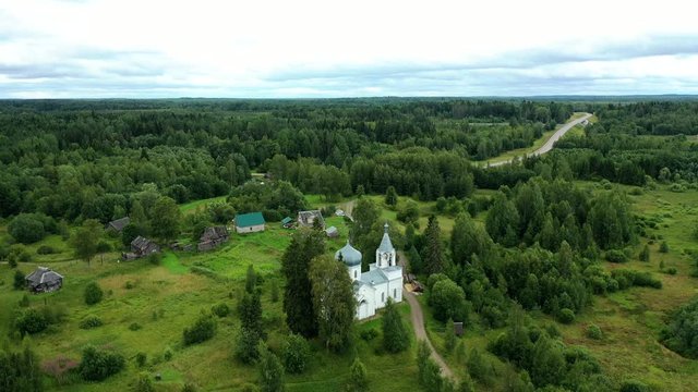 Aerial view of the Paraskeva Church in Mshentsi. Tver region, Russia