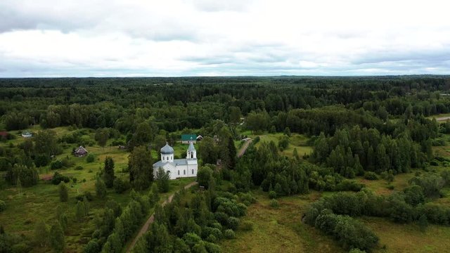 Aerial view of the Paraskeva Church in Mshentsi. Tver region, Russia