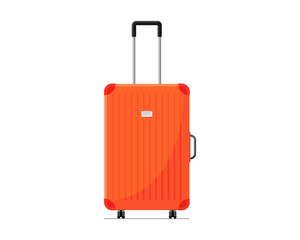 Red plastic suitcase baggage for travel with wheels and retractable handle front view. Luggage bag for summer vacatoin jourmey flat vector illustration