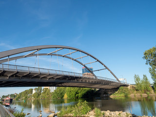 Heilbronn, Germany - September 15th, 2019: Metal bridge across Neckar river, Heilbronn Germany
