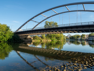 Heilbronn, Germany - September 15th, 2019: Metal bridge across Neckar river, Heilbronn Germany