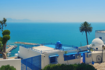 White with blue windows arabic house against the sea in Sidi Bou Said. Seascape, mountains and palm trees in Tunisia