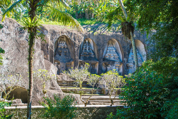 ancient belinese hindu temple craved on mountain rocks in Pura Gunung Kawi, Bali