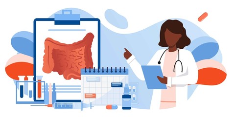 Digestive system health. Treat dysbiosis, harmful bacteria, intestine doctor examine. Doctor appointment. Online consultation. Human anatomy healthcare medical concept. For landing page, banner, flyer