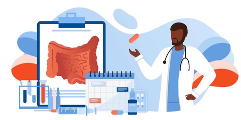 Digestive system health. Treat dysbiosis, harmful bacteria, intestine doctor examine. Doctor appointment. Online consultation. Human anatomy healthcare medical concept. For landing page, banner, flyer