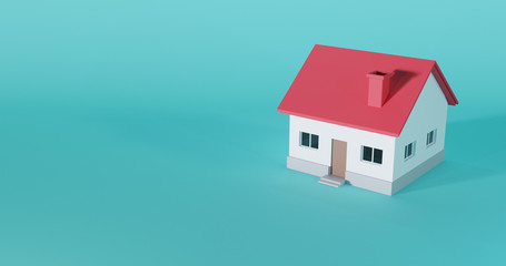 Fototapeta na wymiar 3d model of little house with red roof isolated on blue background. Concept of buy, rent home, investment. 3d render illustration.