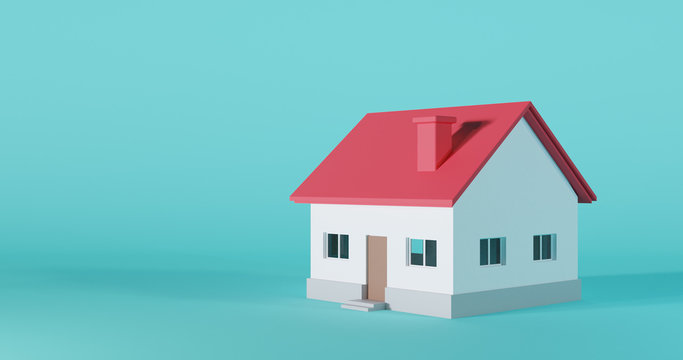 3d model of little house with red roof isolated on blue background. Concept of buy, rent home, investment. 3d render illustration.