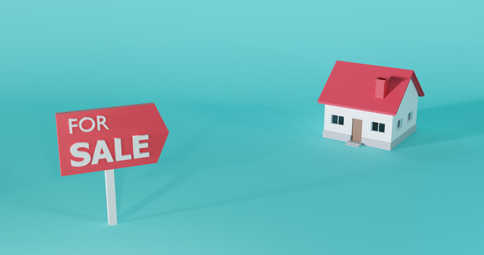 3d model of red roof house with sale sign isolated on blue background. Concept of buy, rent home, investment, real agent. 3d render illustration.