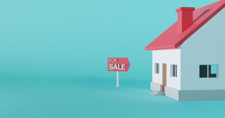 3d model of red roof house with sale sign isolated on blue background. Concept of buy, rent home, investment, real agent. 3d render illustration.