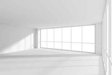 Empty white business office room with sun light from large windows