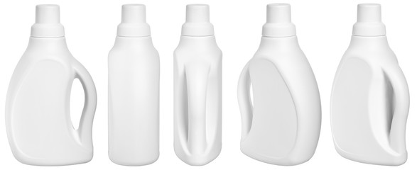 white detergent plastic bottle with measuring cap and cleaning liquid isolated on white