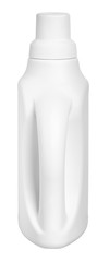 white detergent plastic bottle with measuring cap and cleaning liquid isolated on white