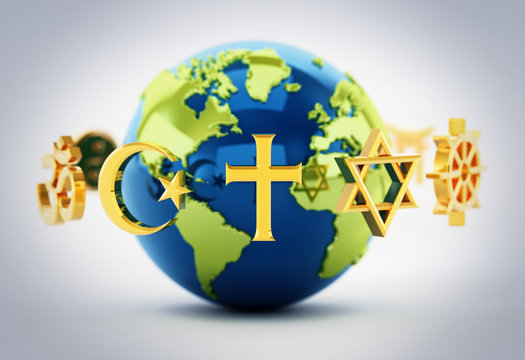 Religion Symbols Scattered Around Earth . 3D Illustration