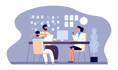 Office people. Young persons work with laptop. Vector businessteam, brainstorm illustration. Flat business male and female characters. Illustration office brainstorming male and female