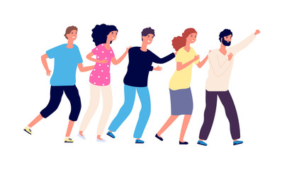 Obraz premium People playing train. Happy characters connecting shoulders each other, cute people with strings exciting play, flat vector design. Playing game illustration , leader and team in row