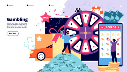 Gambling landing page. Happy people playing lottery, slot machine and casino roulette. Win poker jackpot prize vector gambling design. Illustration casino play jackpot and prize gamble