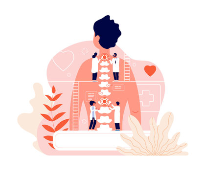 Chiropractor. Spine disease diagnosis problems and treatment pain. Chiropractors and back of patient. Natural osteopathy vector concept. Disease and pain in spine, medicine human body illustration