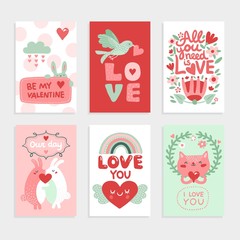 Fototapeta na wymiar Valentines day card. Love pink design with heart, cute bird and happy rabbits, cat and romantic lettering vector greeting cards set. Romantic card valentine day, romance holiday illustration