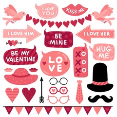 Valentines day photo booth props. Pink love wedding symbol, kiss and mustaches, female and male hat. Glasses, tie and red heart vector set. Valentine photo props for photobooth element illustration © MicroOne