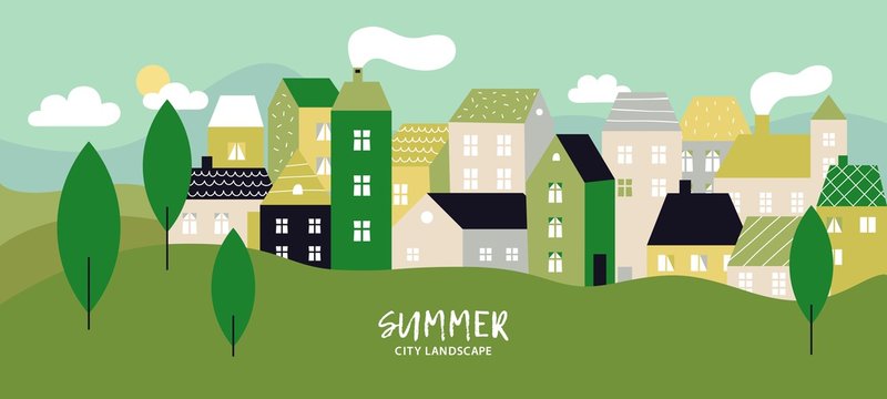 Simple landscape with buildings. Minimal cityscape and residential houses. Summer urban skyline with green trees and hill vector background. Building skyline city, architecture landscape illustration