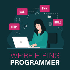Programmer job vacancy template with woman working on laptop illustration