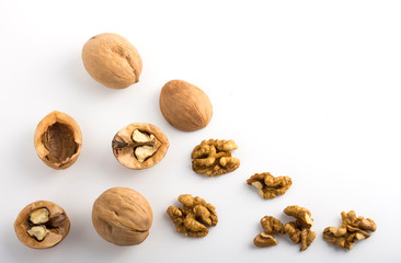 walnut shells and kernels with copy space on white background top view
