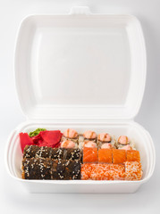 Sushi delivery at home .many kinds of sushi in the package