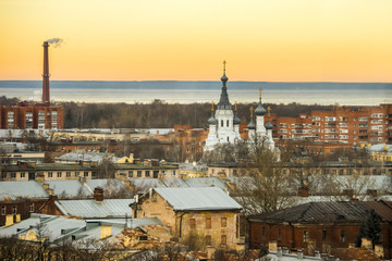 Evening view of the Kronstadt town with the Gulf of Finland on the horizon.