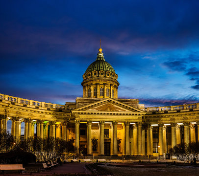 Evening view of Kazan Cathedral at night lights. Russian Orthodox Church on Nevsky avenue, Saint Petersburg.