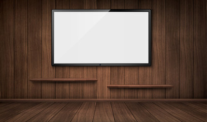 Empty wooden room with wide tv screen and bookshelves. Vector realistic blank lcd monitor panel on wooden wall. Interior design of house or studio indoor