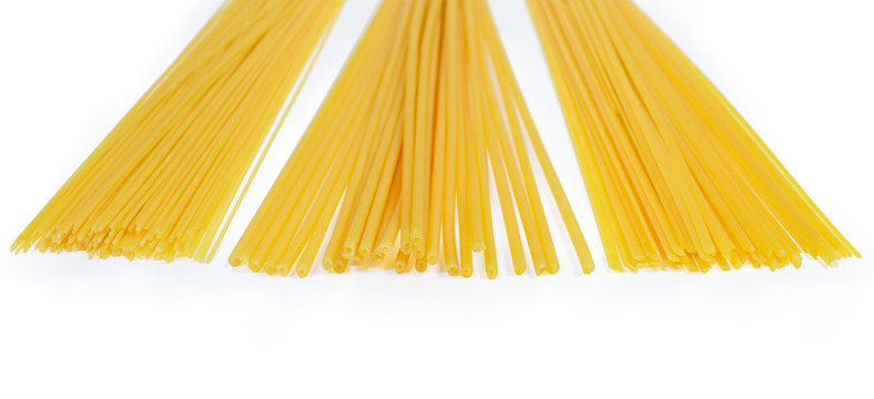 End side of three different variety of uncooked long pasta