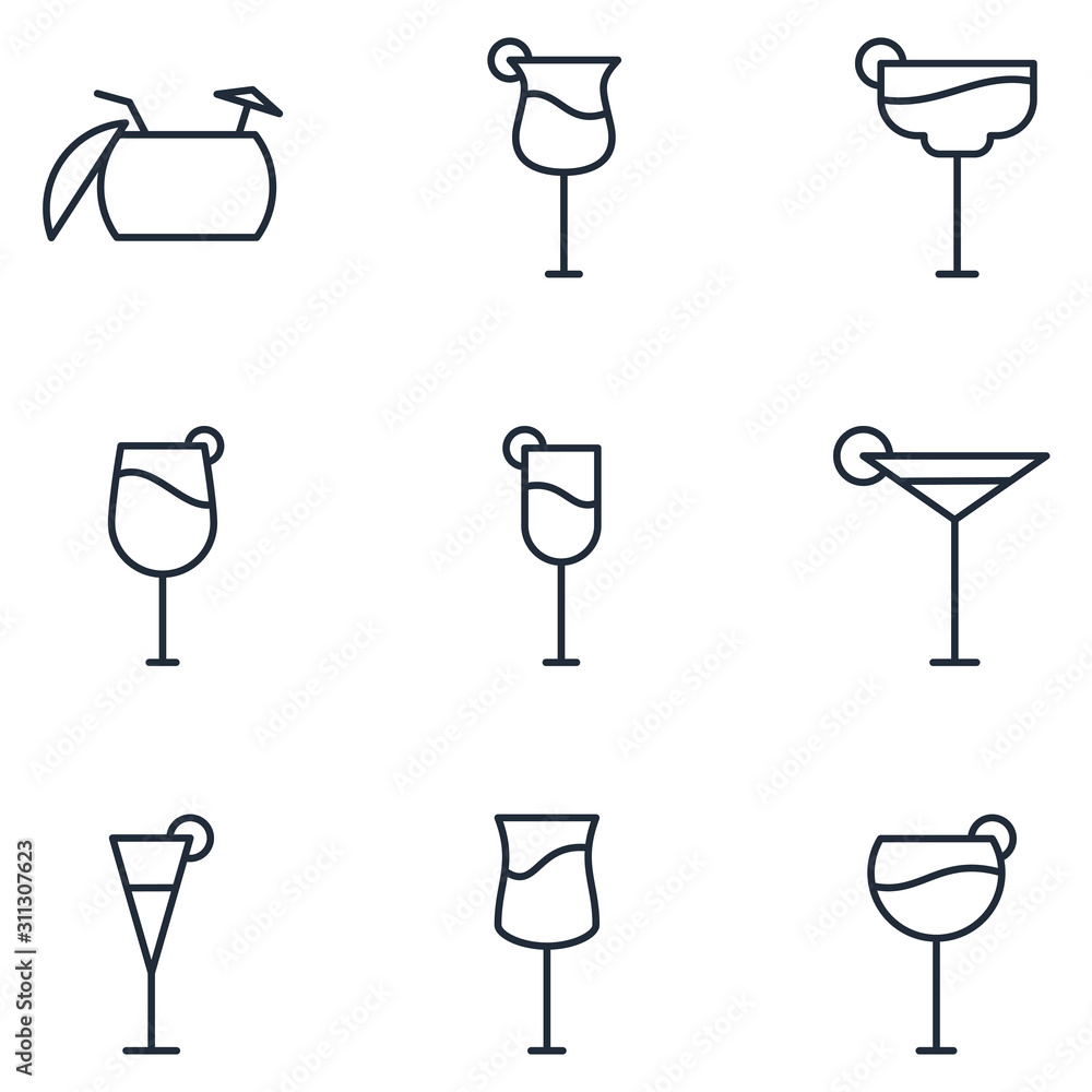 Poster different bar glasses with wine  Set icon template color editable. different cocktails pack symbol vector sign isolated on white background illustration for graphic and web design.